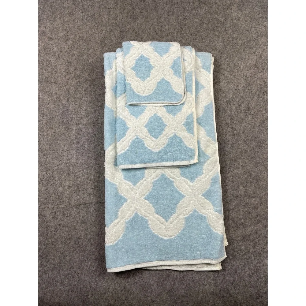 Martex Vintage Light Blue White Trellis Geometric Cotton Towel Set Made in USA